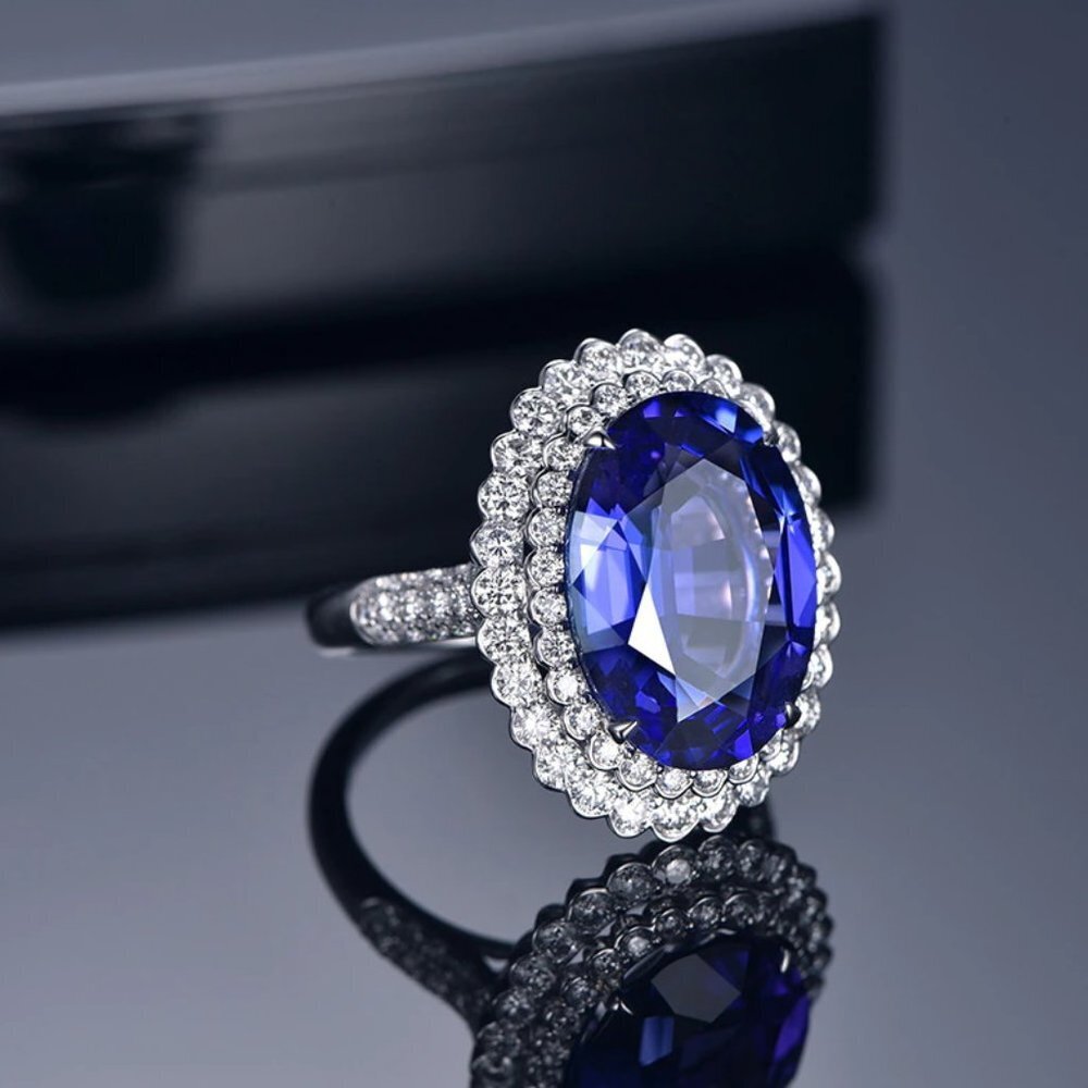 Ring 925 silver oval halo blue tanzanite